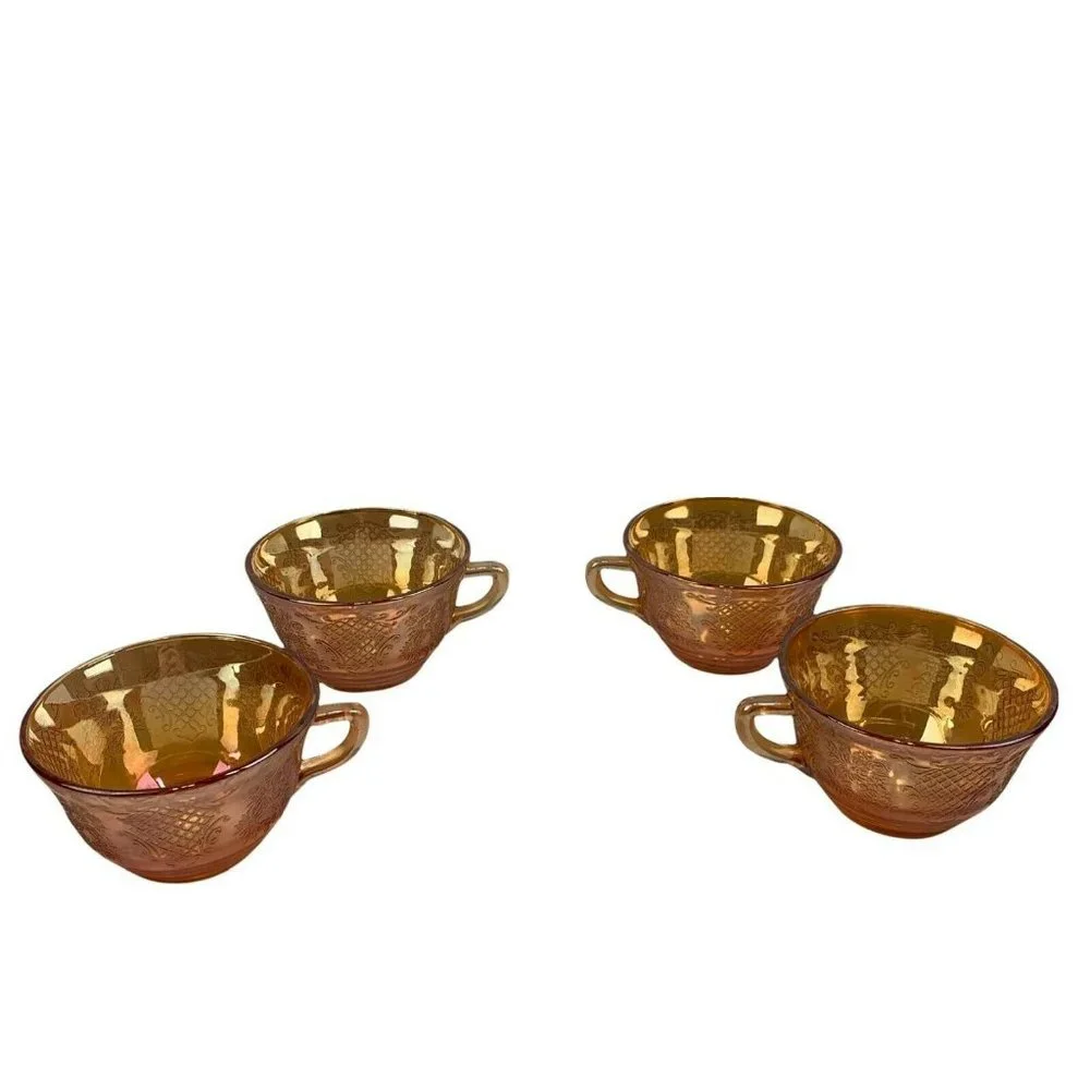 Vintage Iridescent Orange Pressed Glass Teacups Set of 4 Floral 7 oz Cottagecore